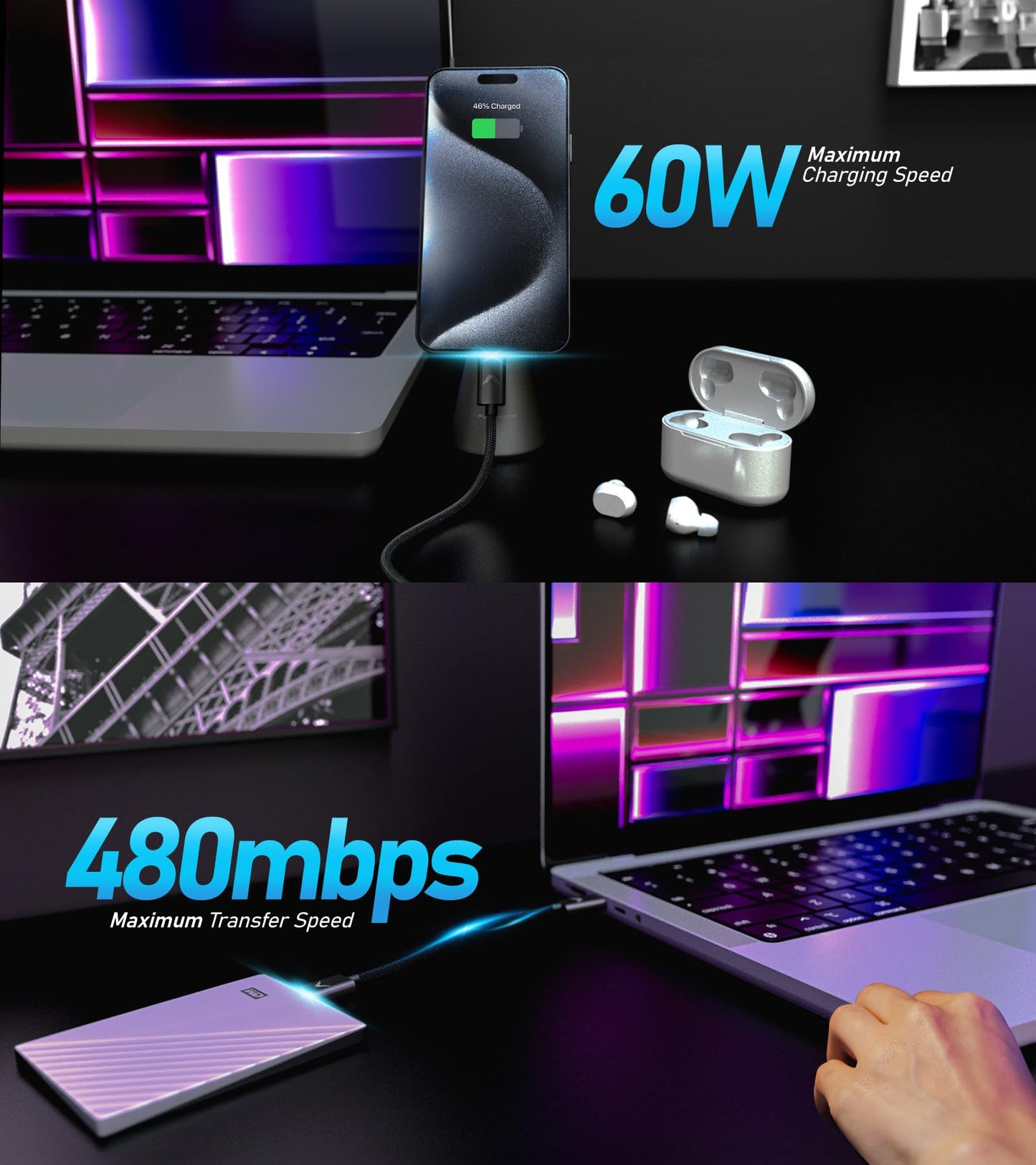 Futurizta Tech® Zeus-X Short USB-C to USB-C Cable 2 Packs (0.33ft/0.1m) 60W 20V/3A Type-C Fast Charging Cable QC3.0 QC4.0 Compatible with Samsung