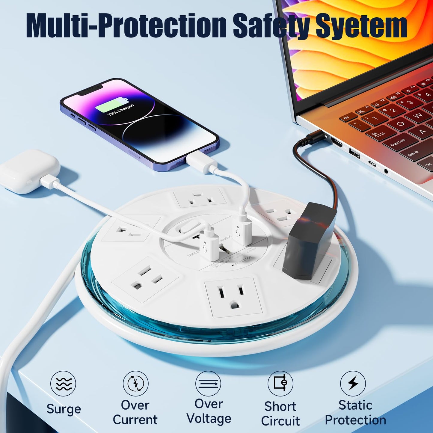 Surge Protector Power Strip,Smart Design Extension Cord,4 Feet Flat Extension with 6 Outlet+3 USB Quick Charging Power Strips with Surge Protector