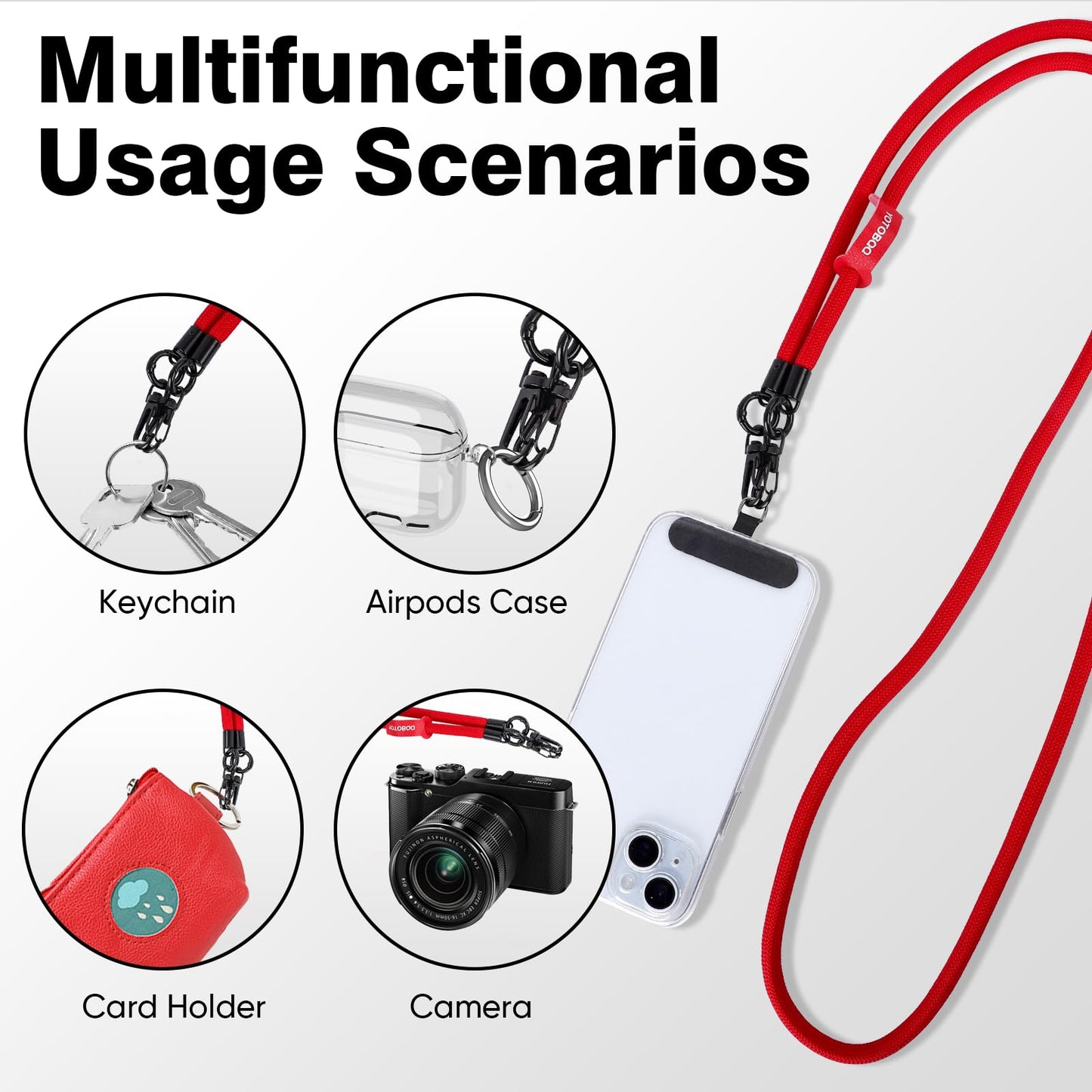 YOTOBQQ Phone Lanyard, Adjustable Wrist Strap, 2 Pads, Anti Theft Lanyard Crossbody, Multifunctional Cell Phone Neck Strap (Red)