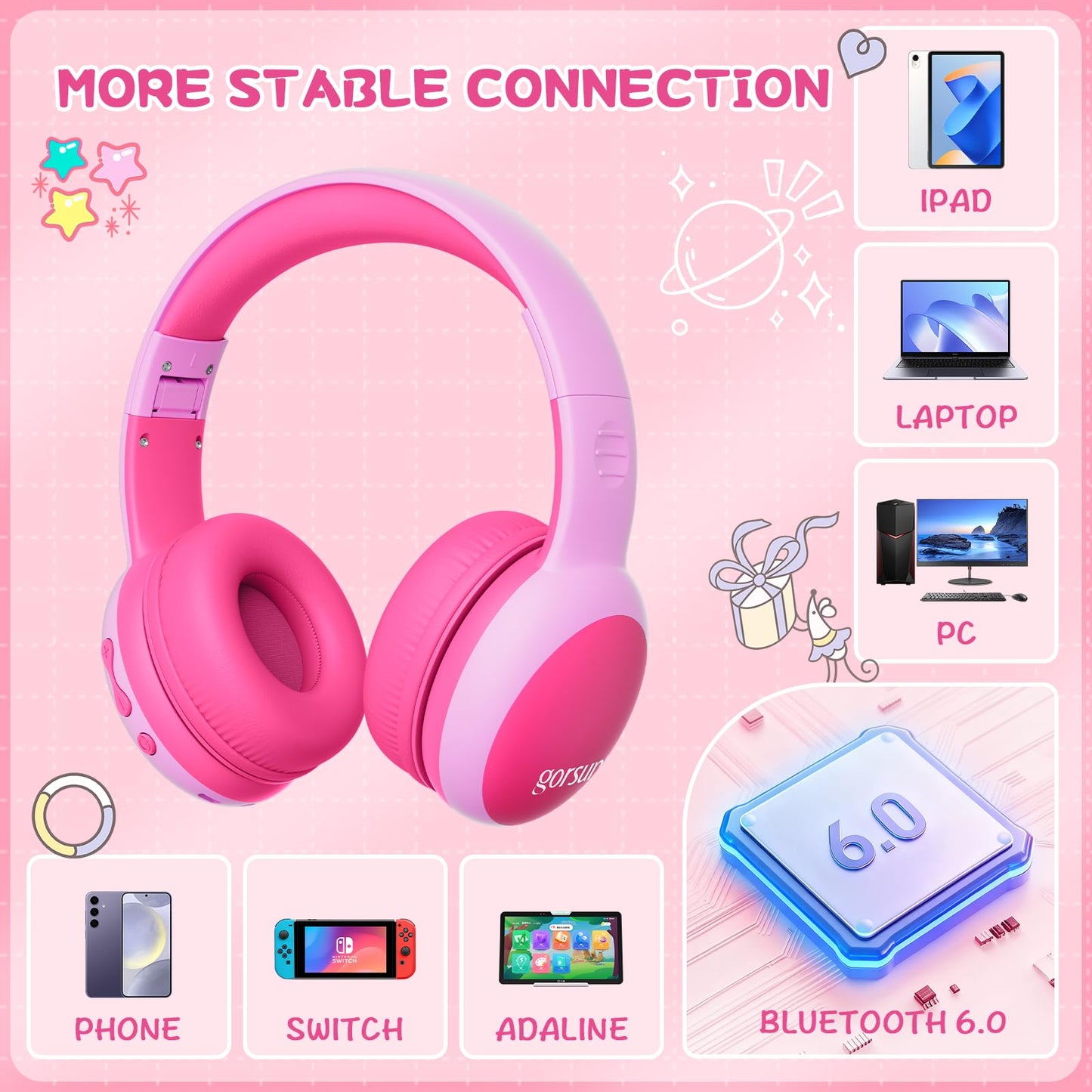 gorsun Kids Bluetooth Headphones, Over-Ear Toddler Headphones with Microphone, 85dB/94dB Volume Limited, 68H Playtime, Bluetooth 6.0, Portable Kids…
