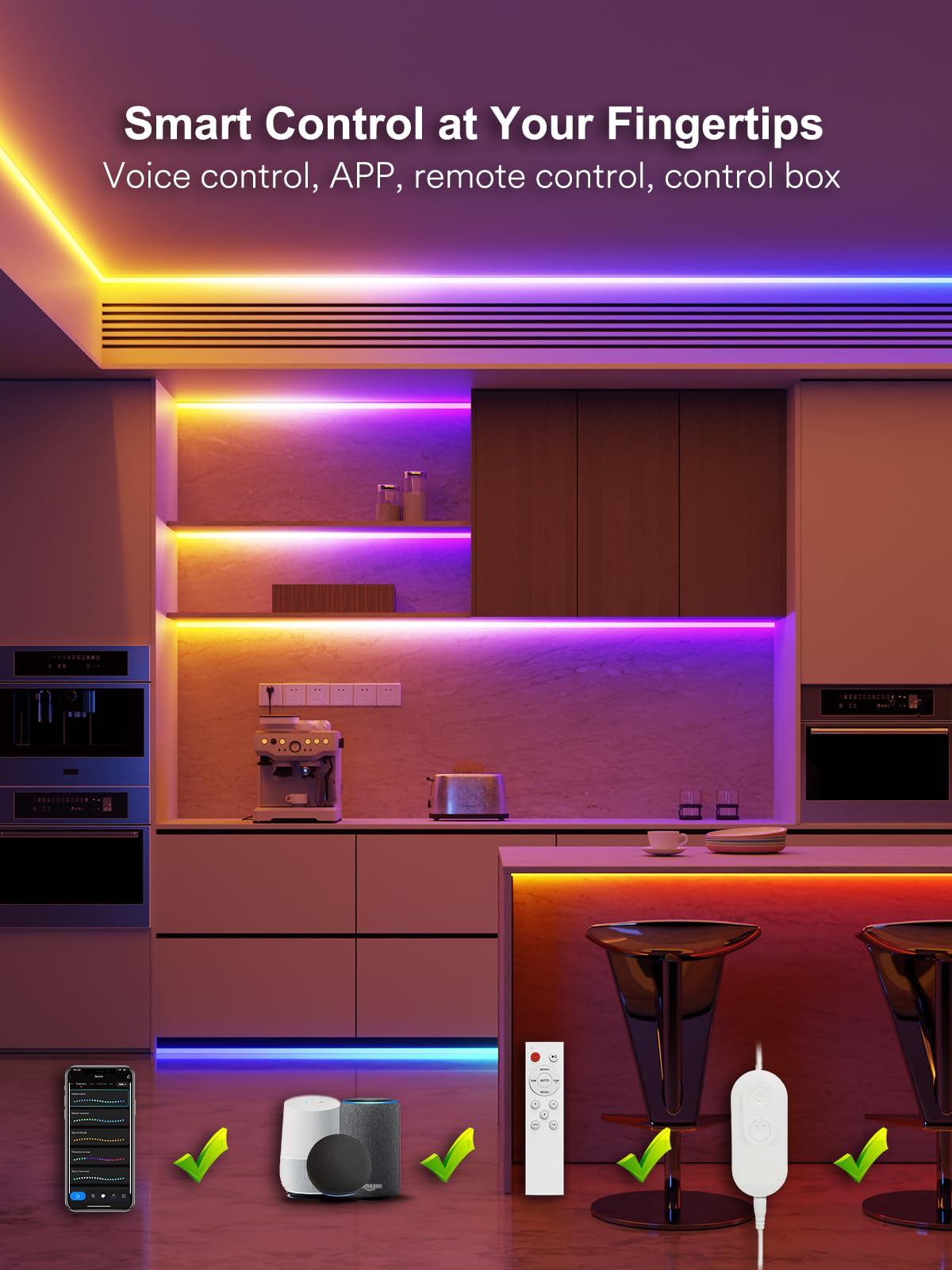 Smart LED Strip Lights with Covers 16.4ft, RGB+WW+CW Strip Light Compatible with Alexa, Cove Lighting with Diffuser Channel, Decor for Under Cabinet