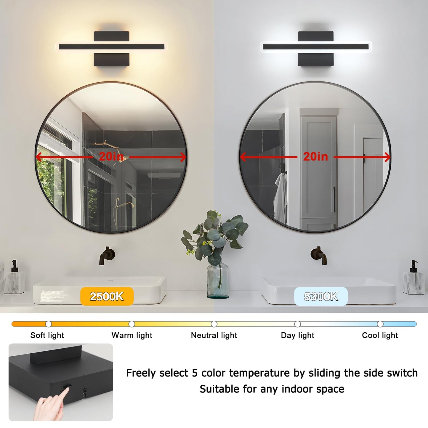 JUSHENG Black Vanity Lights for Bathroom, 5CCT Dimmable Bathroom Light Fixtures Over Mirror, Modern LED Vanity Light Bar Above Mirror 16'' Inch 16W