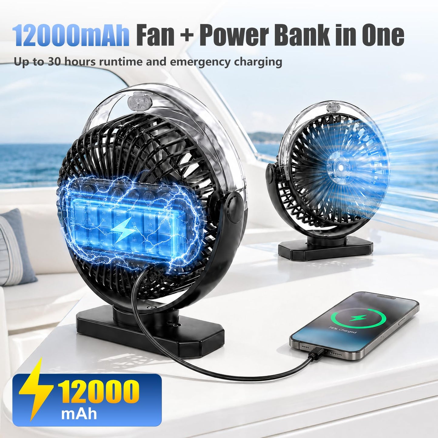 Vvnonix Magnetic Cruise Fan, 12000mAh Battery Golf Cart Fan with Power Bank