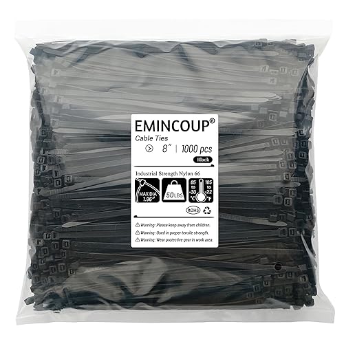 8 inch Zip Ties 1000 Pack, Black Cable Ties with 50lbs Tensile Strength, Self-Locking Plastic Wire Ties for Indoor and Outdoor Use by EMINCOUP
