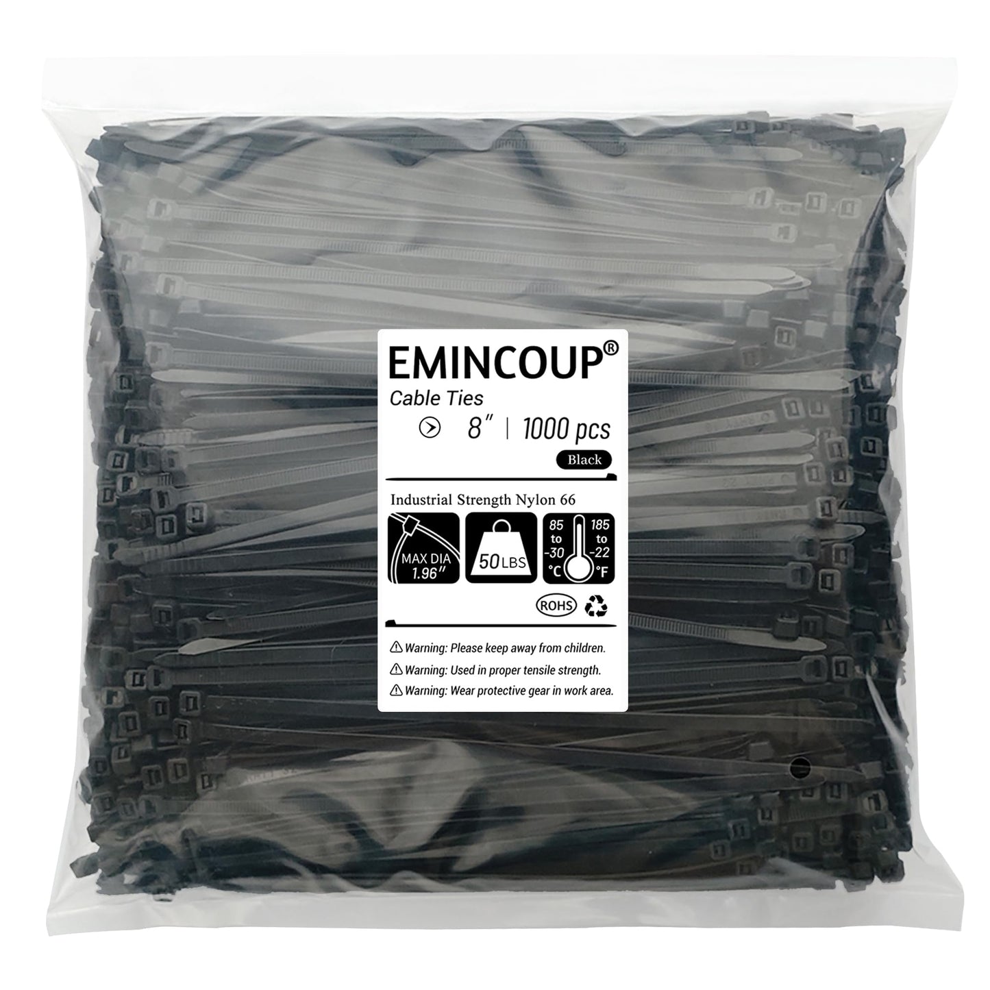 8 inch Zip Ties 1000 Pack, Black Cable Ties with 50lbs Tensile Strength, Self-Locking Plastic Wire Ties for Indoor and Outdoor Use by EMINCOUP