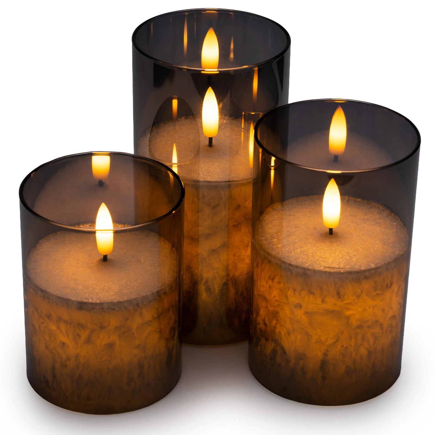 WYZworks Dual LED Full Body Glow w/Metallic Mirrored Tinted Glass Mottled Crystallized Frosted Texture Pillar Candles, 3D Wick, Flicker Flame, Battery