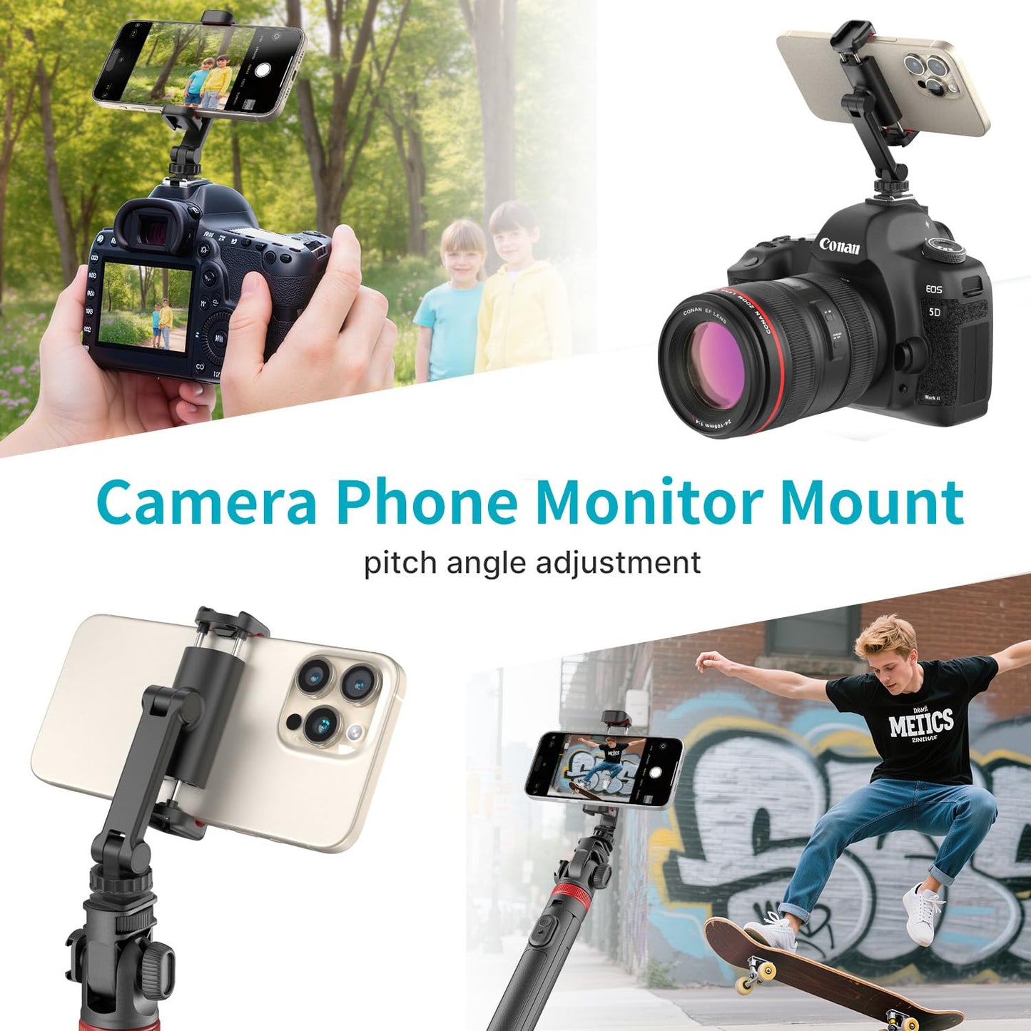 Phone Tripod Mount Holder for iPhone - 2 Cold Shoe and 1/4" Screw, 360° Rotates and 180° Tilts Compatible for iPhone Android Sony Canon DJI Ronin S/SC