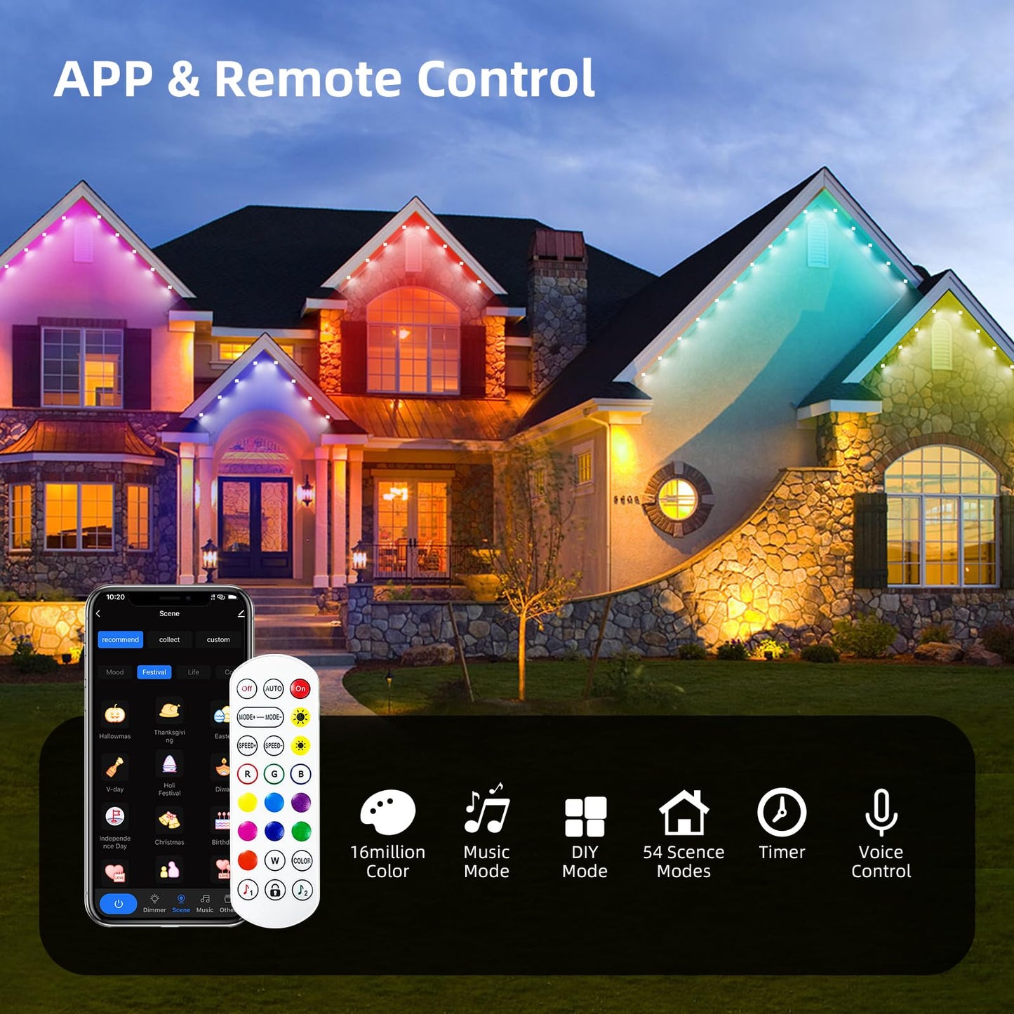 Permanent Outdoor Lights, 50ft Smart RGB Outdoor Light, 36 LED Eaves Lights with 54 Scene Mode, IP67 Waterproof for Halloween, Christmas, New Year