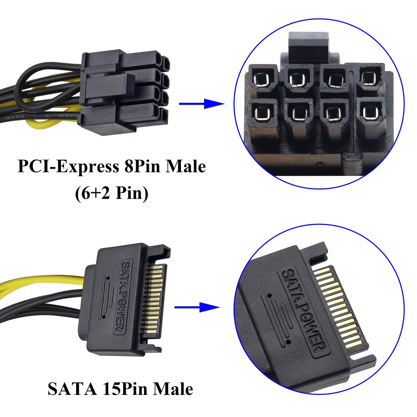 zdyCGTime 2 Pack 15-Pin SATA Male to 8 Pin (6+2 Pin) PCI-Express Female Video Card Power Adapter Cable (6+2Pin) 8 Pin PCI-E Female to Male SATA