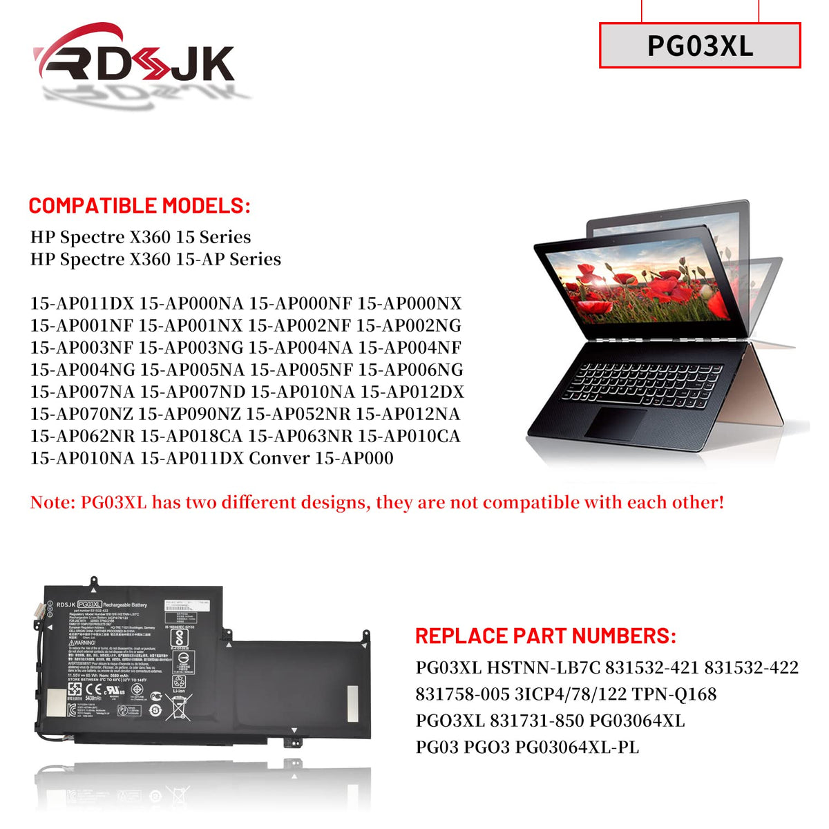 PG03XL 11.55V 65Wh Laptop Battery for HP Spectre X360 15-AP012DX 15-AP011DX 15-AP 15-AP000 AP000NA AP000NF AP000NX AP001NF AP002NG Series 831758-005