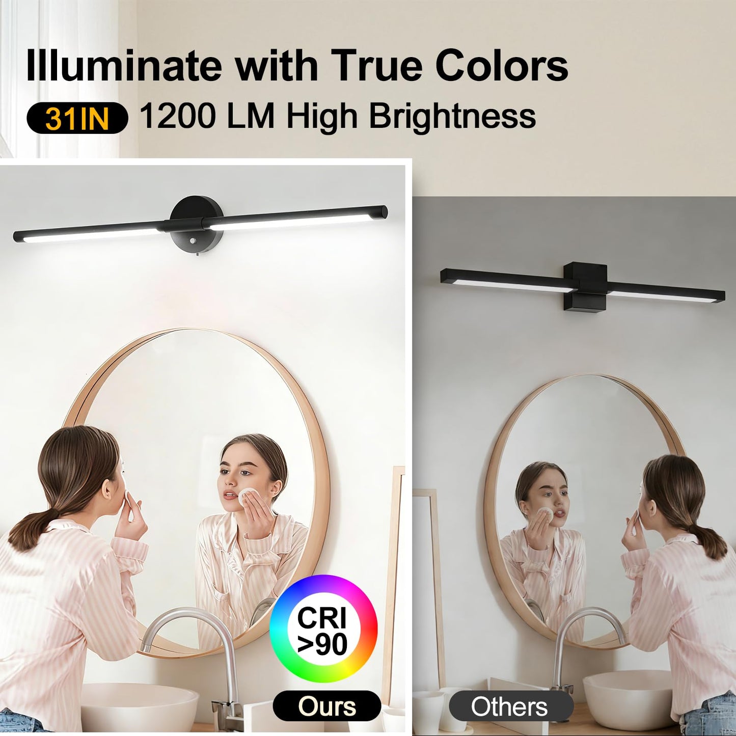 TEMYFIVE 31inch Plug in Bathroom Vanity Light, 6000K Black Wireless Vanity Lights with Remote Control, Black Bar Mirror Light for Bathroom Mirror