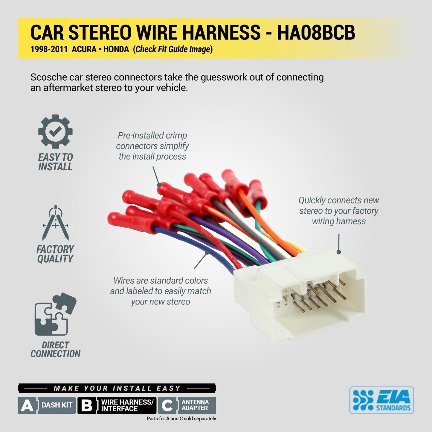 Scosche HA08BCB Aftermarket Radio Wiring Harness with Crimp Connectors for Select 1998-11 Acura and Honda - Aftermarket Radio Wire Harness for Car