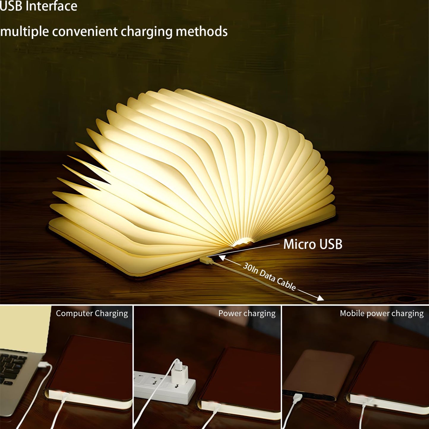 Ngtcglm 5.7Inch Wooden Book Light, 3 Colors Folding Book Lamp, USB Rechargeable,Unique Lamp,Book Lovers Gifts