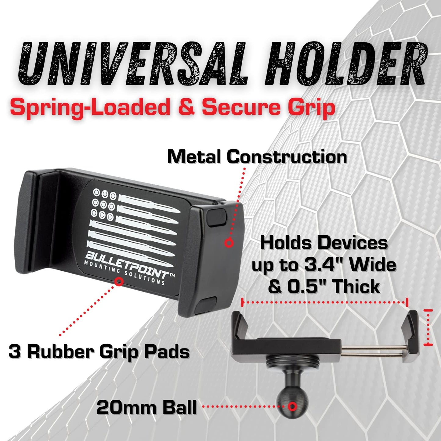 Bulletpoint Dash Mount Cell Phone Holder Jeep Compatible Wrangler (2007-2010 JK and 1997-2006 TJ) with 20mm Ball Mount for iPhone and Android