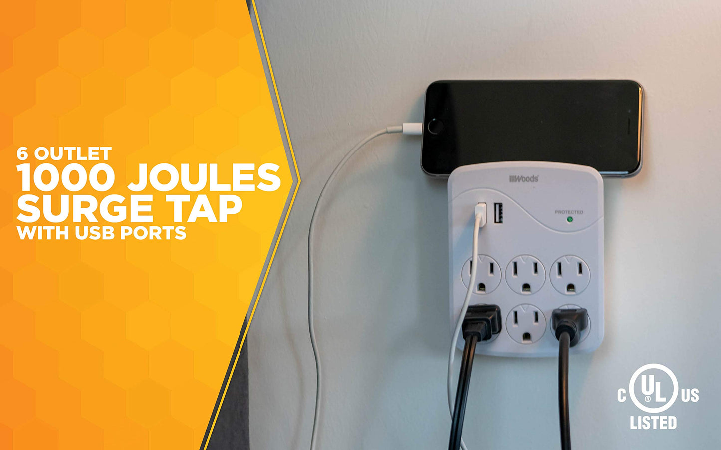 Woods 41079 Surge Protector with 6 Outlets and 2 USB Type A Ports with 1000J of Protection; White