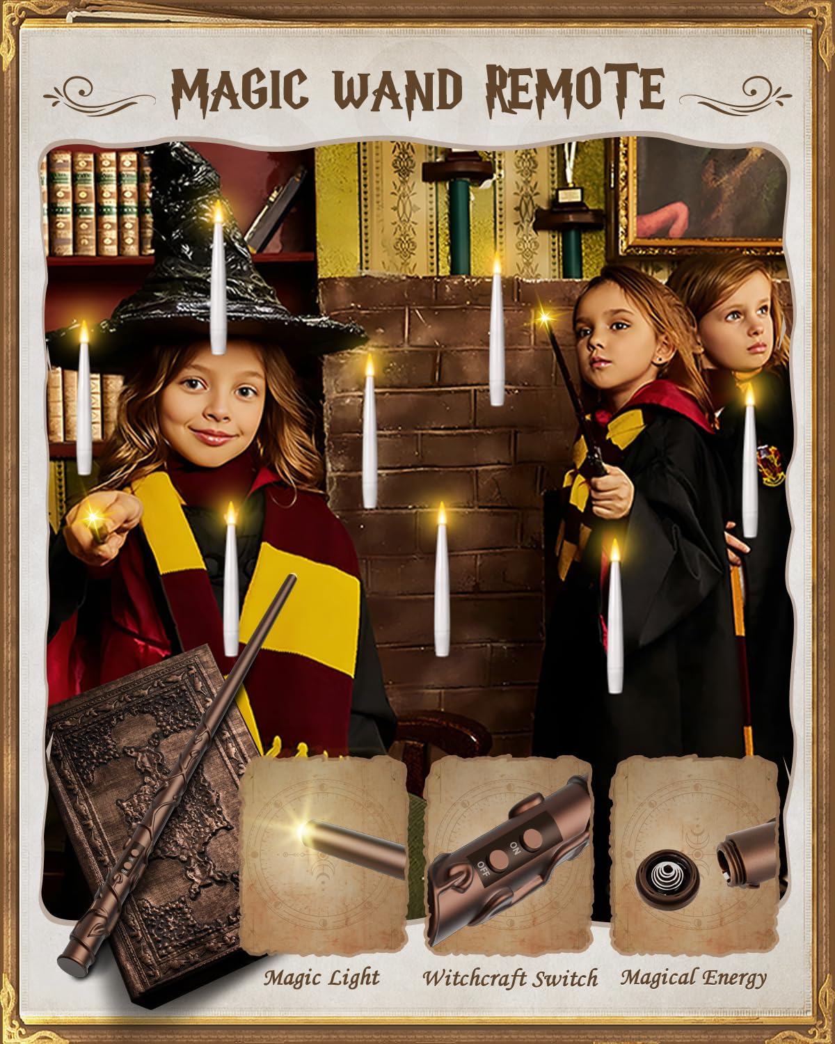 Floating Candles with Wand - Christmas Magic Hanging Flameless Candles Taper Candles with Remote for Halloween Window Home Bedroom Birthday Party