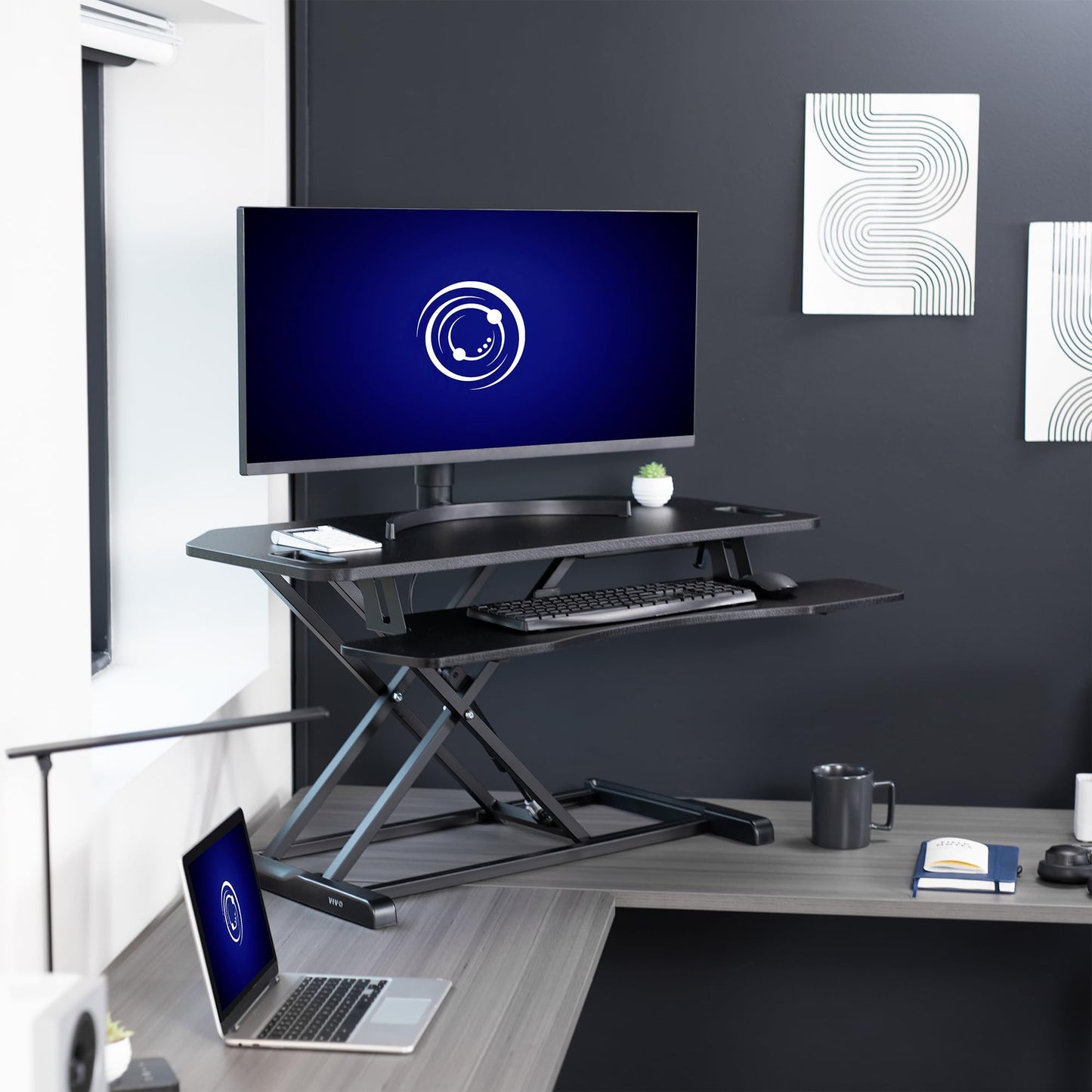 VIVO Extra Wide 38 inch Corner Desk Converter, K Series, Height Adjustable Sit to Stand Riser, Dual Monitor and Laptop Workstation with Wide Keyboard