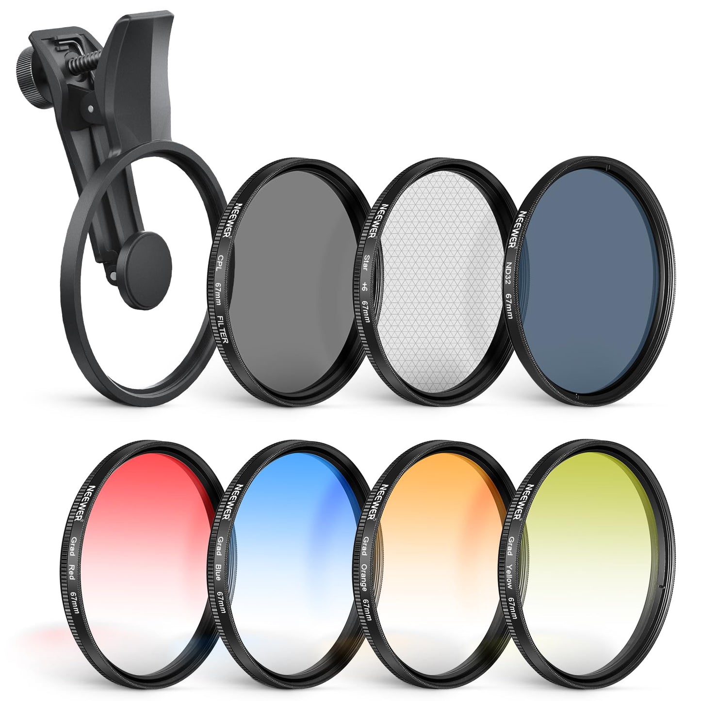 NEEWER 67mm 7 Pack ND Filter Set Compatible with Android Samsung Google Huawei Xiaomi Phone, Clip On CPL+ ND32 + Starlight + GND