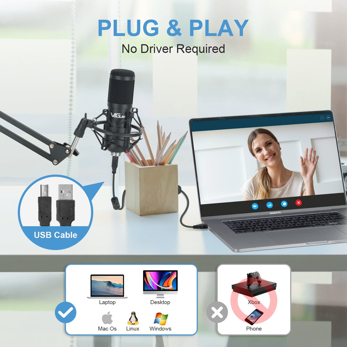 VeGue USB Microphone Kit, 192kHz/24Bit Streaming Podcast PC Condenser Computer Mic Set for Gaming, YouTube Video, Recording Music, Voice Over, Studio
