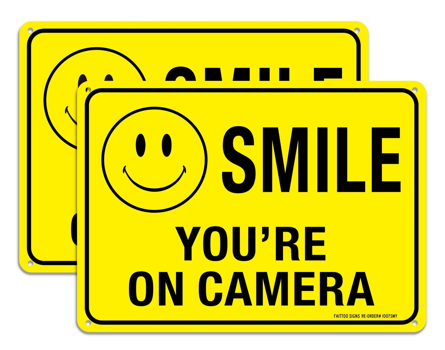 (2 Pack) Faittoo Smile You're On Camera Sign, Reflective 10x7 Rust Free .40 Aluminum, UV Protected, Weather Resistant, Durable Ink, Indoor & Outdoor