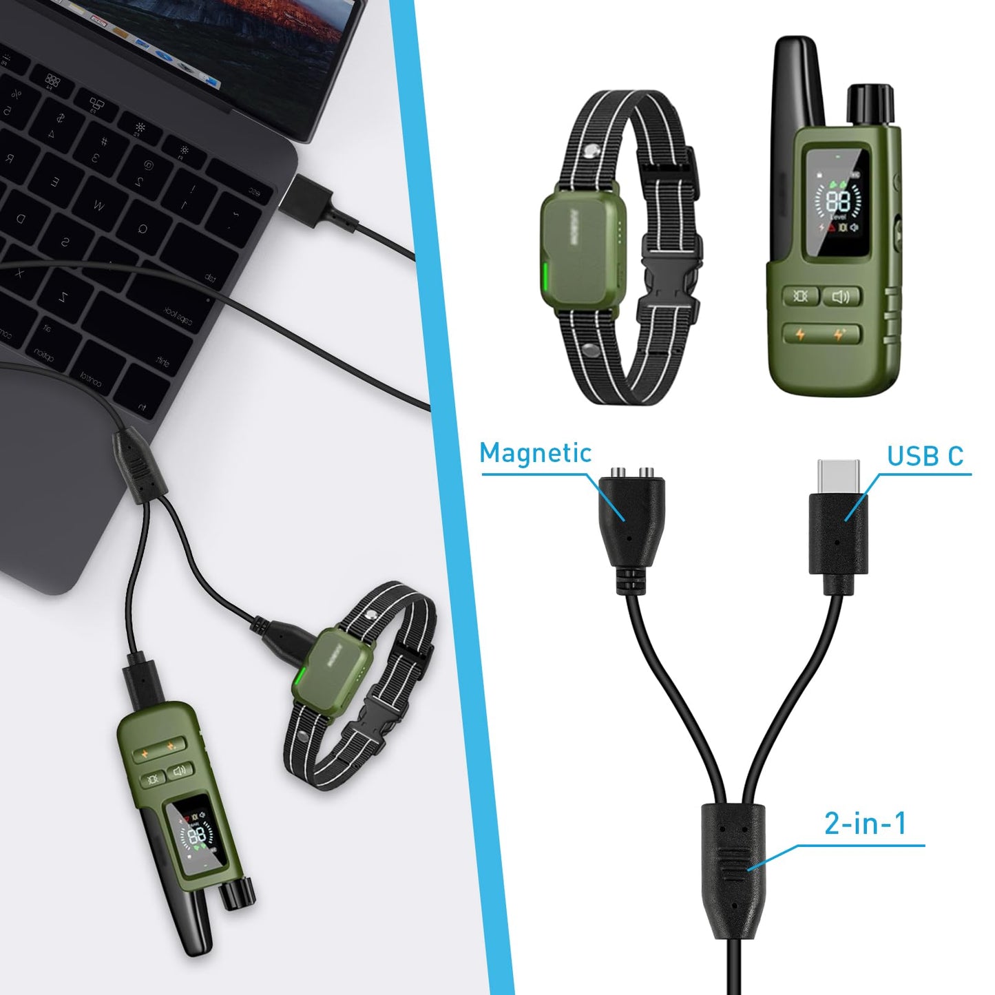 Pack of 2 Charger Cord Replacement for Jugbow/Delupet/Yawpet Training Collar, 2-in-1 USB C and Magnetic Bark Collar Charging Cable