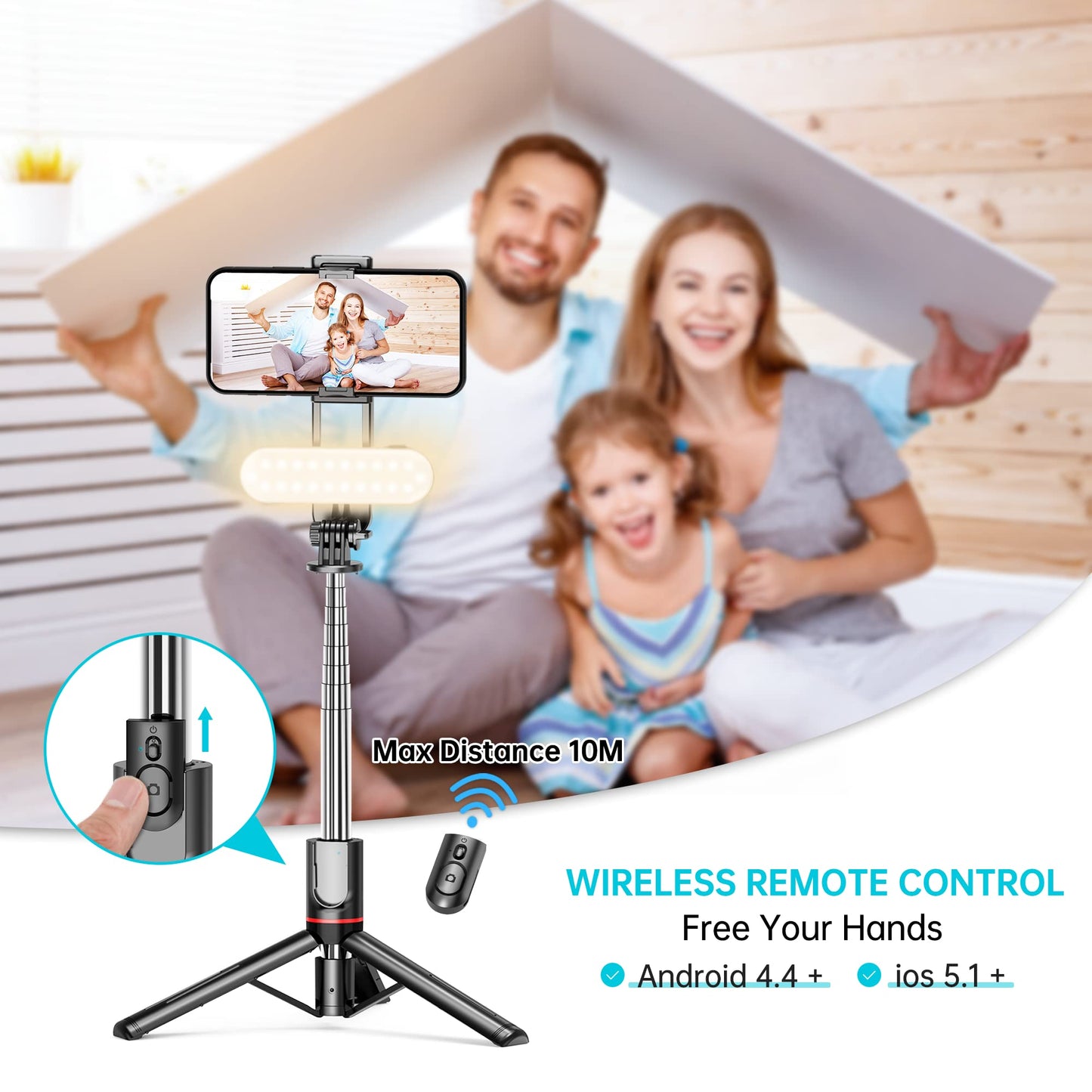Stable Selfie Stick Tripod with Fill Light, 44 Inch Extendable Selfie Stick with Wireless Remote and Tripod Stand 360 Rotation for iPhone