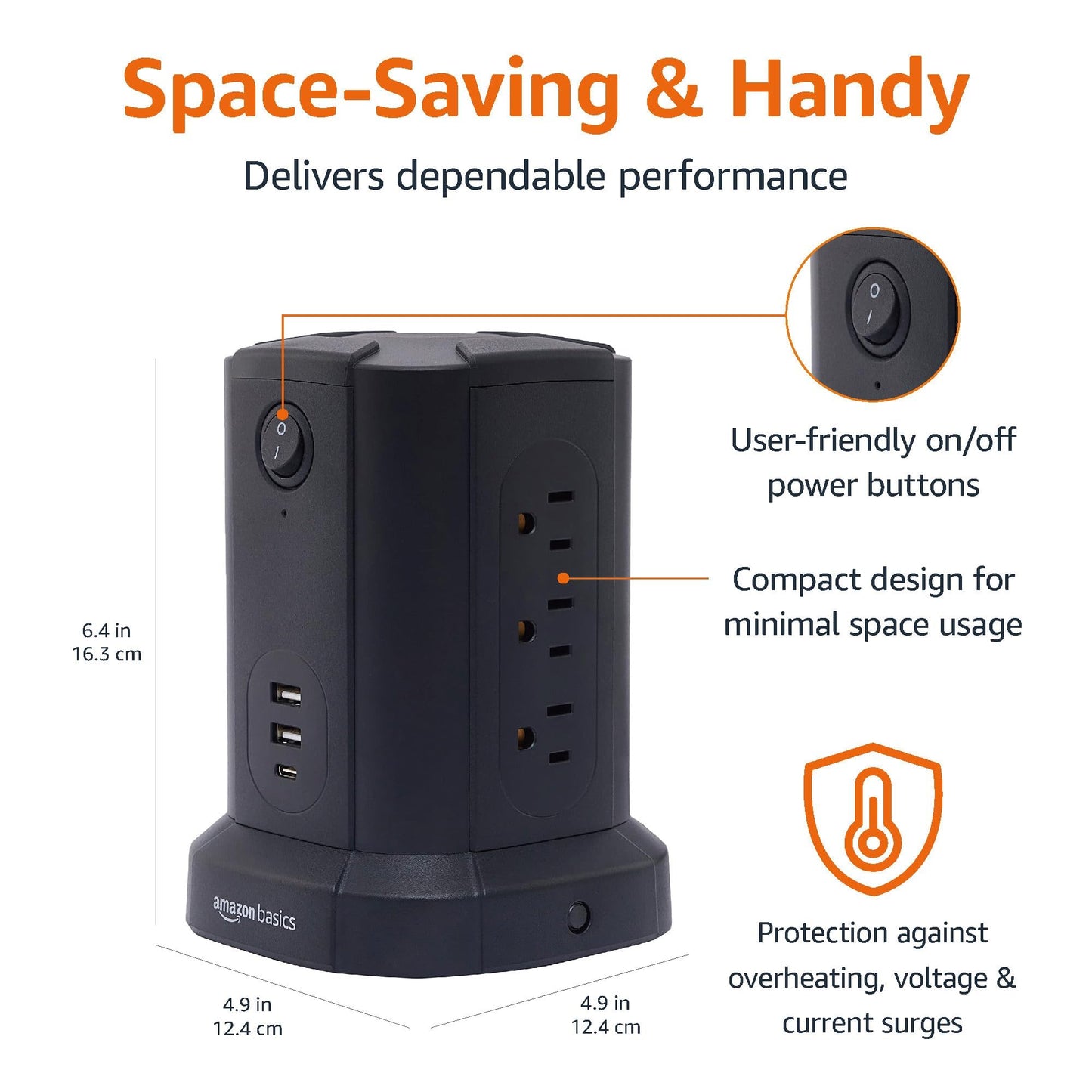 Amazon Basics Power Strip Tower Charging Station, Surge Protector 1080J, 9 Outlet with Integrated USB Charging Ports (2 USB-A and 1 USB-C), Space