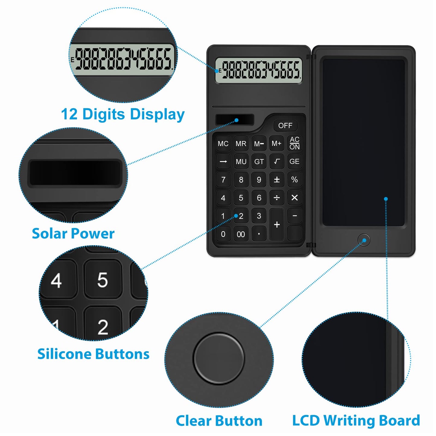 Calculator with Notepad, TRELC 12 Digits LCD Display Solar Desktop Calculator, Support Solar and Battery, Multi-Function Portable Calculators
