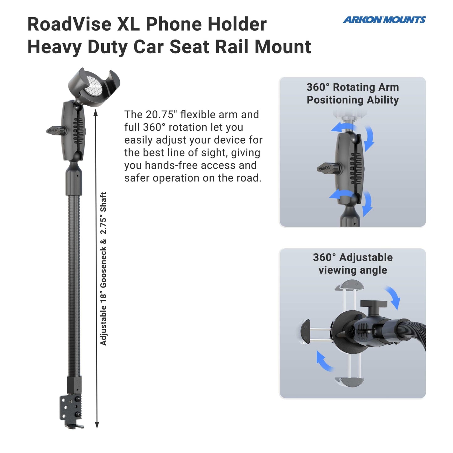 ARKON Mounts RoadVise XL Phone Holder with Seat Rail & Floor Mount | for Cars & Trucks | Solid & Flexible 18" Gooseneck | Solid 3.75" Shaft |