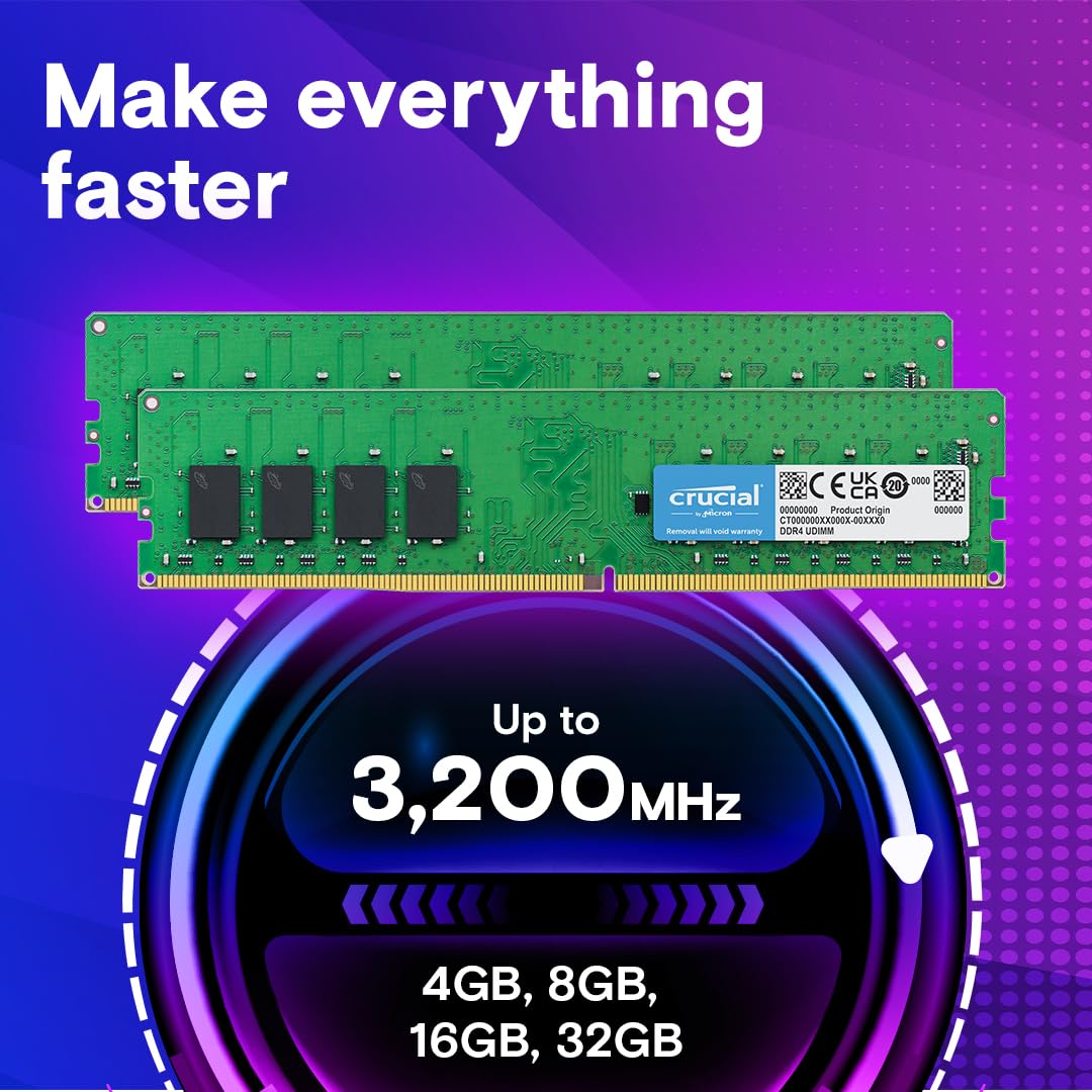 Crucial 16GB DDR4 RAM Kit (2x8GB), 3200MHz (PC4-25600) CL22 Desktop Memory, UDIMM 288-Pin, Downclockable to 2933/2666MHz, Compatible with Intel