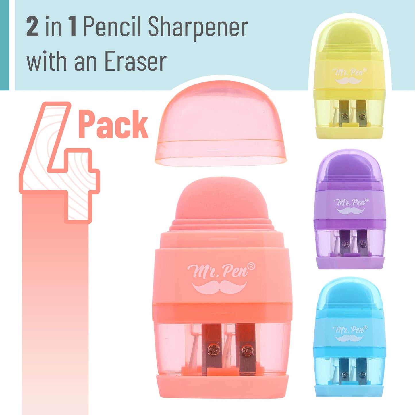 Mr. Pen- Pencil Sharpener & Eraser, 4 Pack