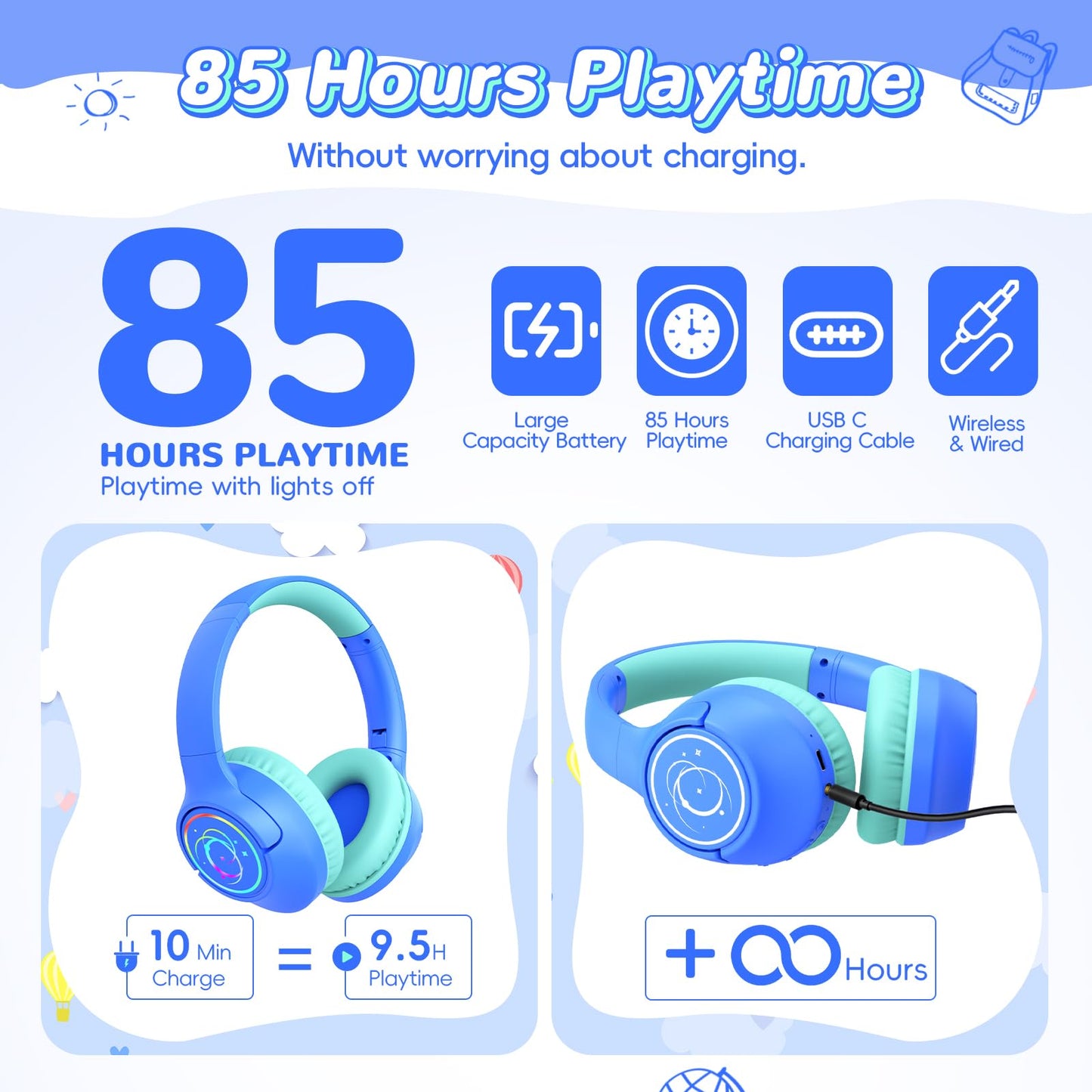 Kids Bluetooth Headphones with 85H Playtime for Toddler Boy, Blue with LED