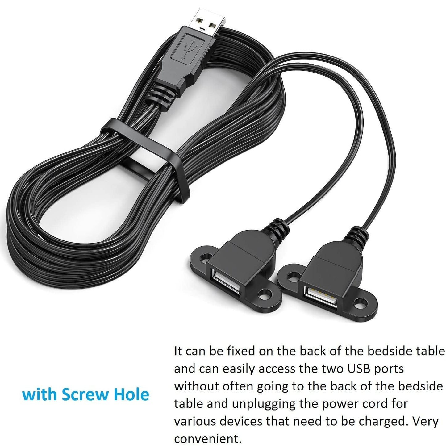 Guo USB Charging Extension Cable Male to Dual Female, USB 2.0 Charging Port 1 to 2 Panel Mount with Screw Hole, Used for Furniture/Mobile