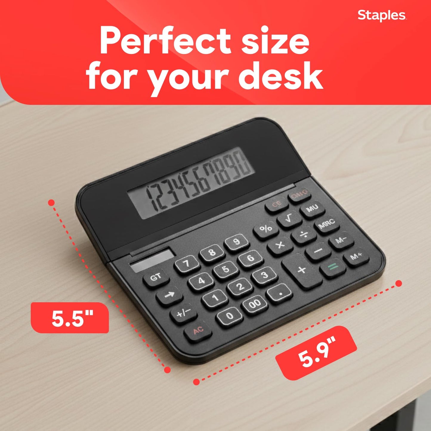 Staples 10-Digit Desktop Calculator, Solar/Battery, Large LCD Display, Basic Financial Functions, Compact Office Desk Calculator