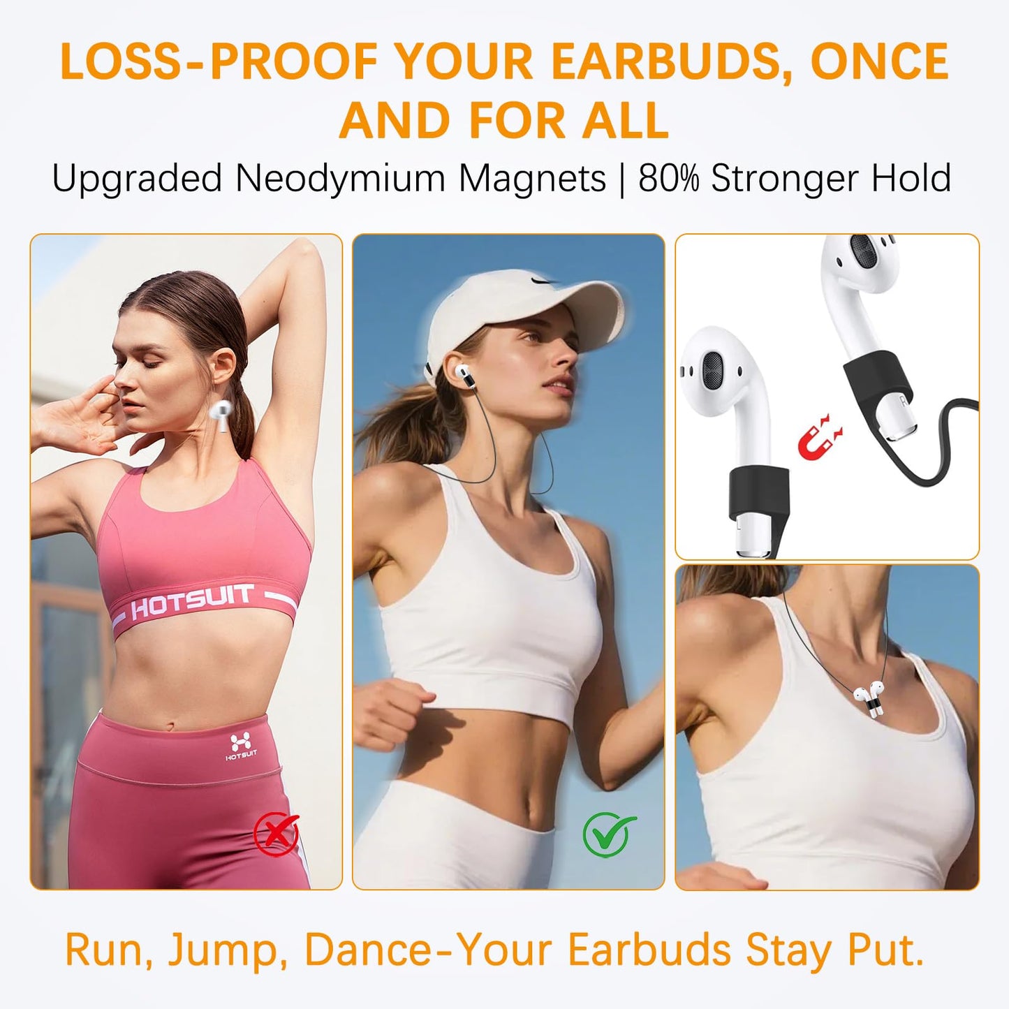 Rosmas Strong Magnetic Anti-Lost Straps for AirPods, Silicone Sports Neck Rope Cord,Compatible with AirPods Pro3/2/1,AirPod 4 (1, Orange)