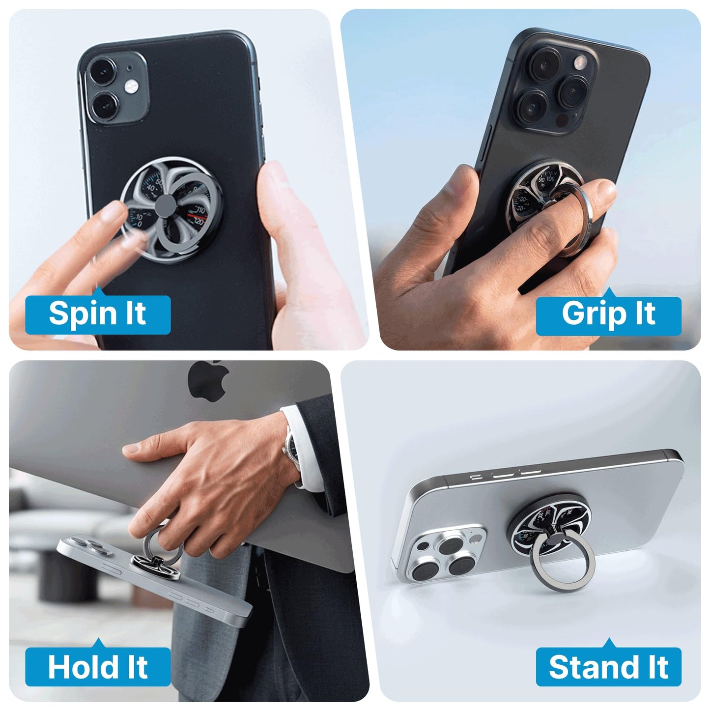 Phone Ring Holder Stand,Non-Magnetic Adhesive 360° Rotating Cell Phone Grip with Fidget Spinner, Anti-Drop Finger Ring Kickstand for iPhone Samsung