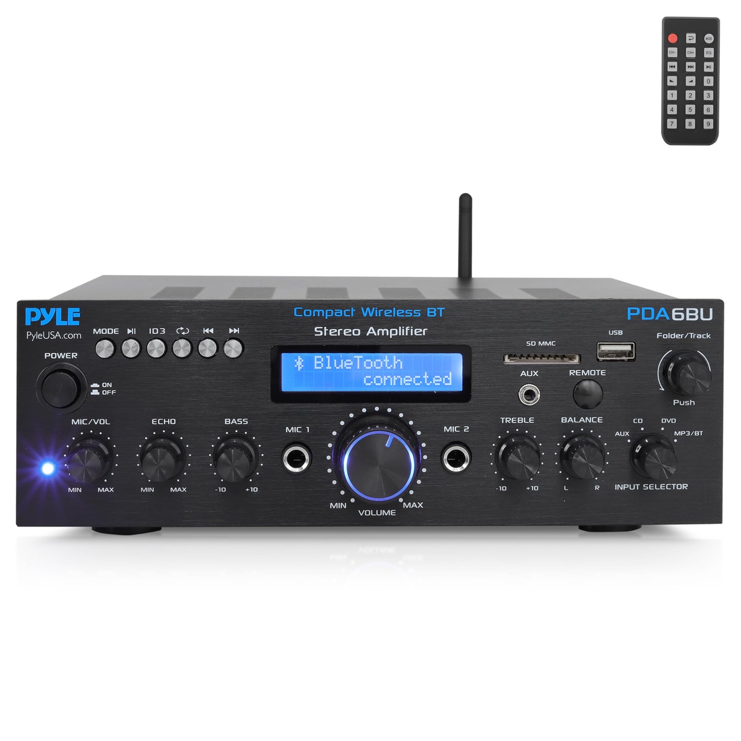 Pyle Wireless Bluetooth Power Amplifier System- 200W Dual Channel Sound Audio Stereo Receiver w/ USB, SD, AUX, MIC in w/ Echo, Radio, LCD, for Home