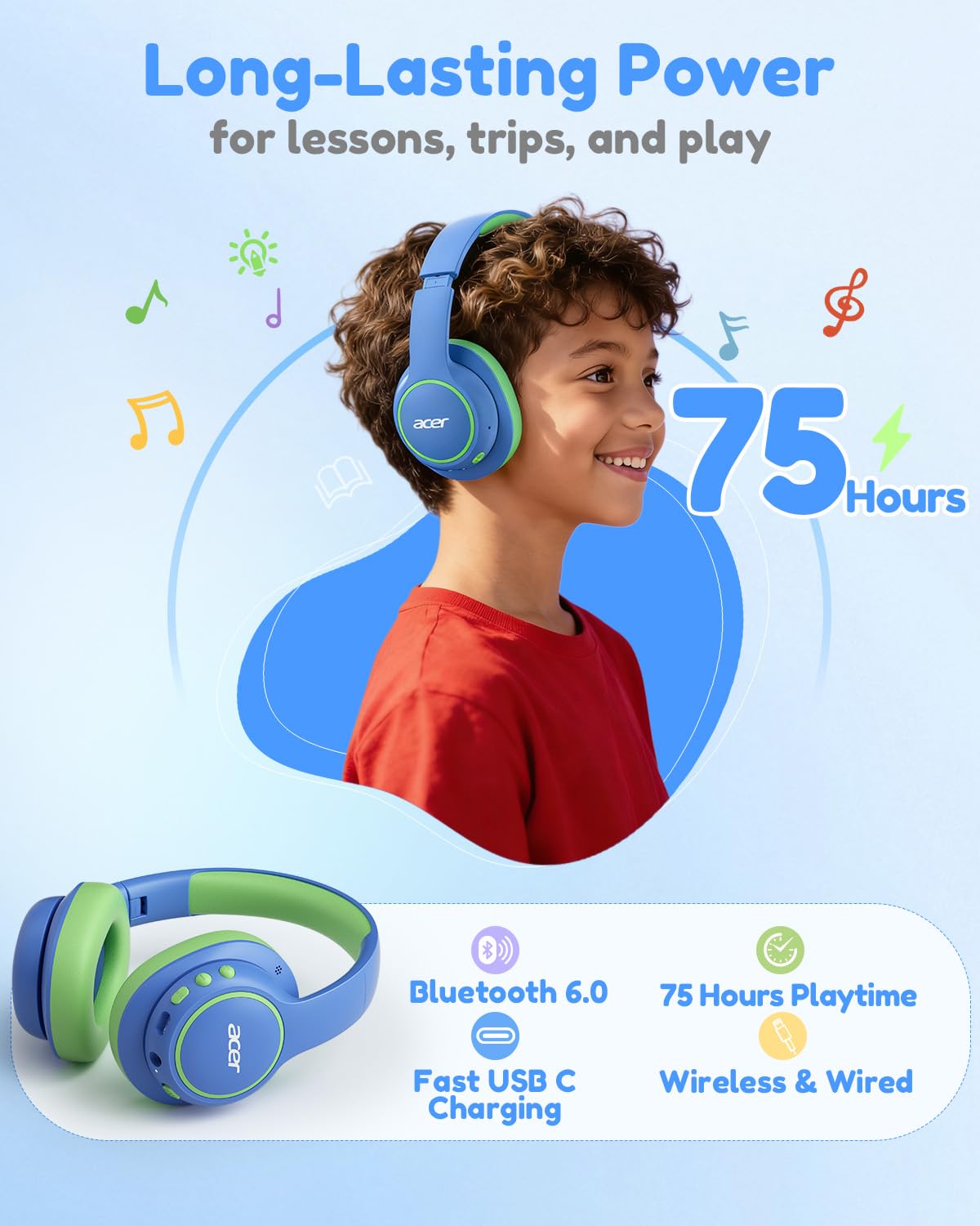 Acer Kids Bluetooth Headphones, Over Ear Headphone for Kids with Mic, 75H Playtime, 85dBA Safe Volume, Bluetooth 6.0, USB C Fast Charging, Toddler