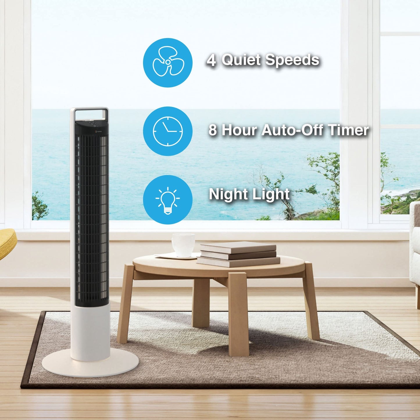 Aspen 40" Washable Tower Fan with Oscillating Tower Fan - Easy Wash Design, 3 Color Nightlight, 4 Speeds, 4 Timers, Magnetic RF Remote - Cooling Fans