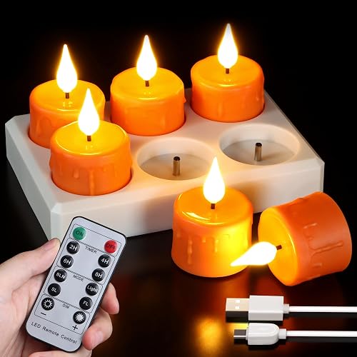 Sanmli 6 Pack Orange LED Tea Lights Rechargeable with Remote Control and Timer, Flickering Warm White Light, Flameless Candles with Charging Station