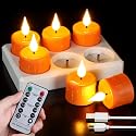 Sanmli 6 Pack Orange LED Tea Lights Rechargeable with Remote Control and Timer, Flickering Warm White Light, Flameless Candles with Charging Station