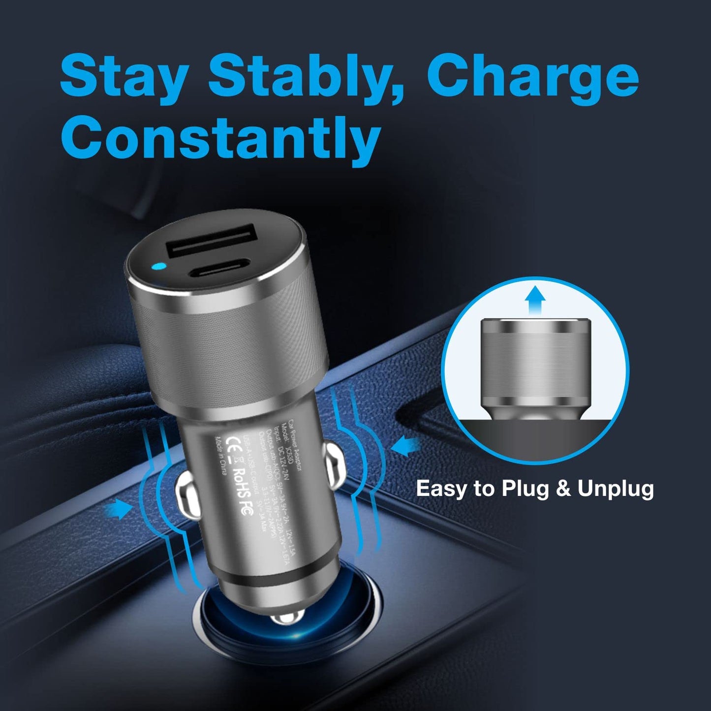 MOCA 38W Fast Car Charger, 2-Port PD/QC 3.0 All Metal Car Power Adapter W/2 PCS 3.3ft PD Lightning Cord Quick Charging for iPhone 17/16/15 Series