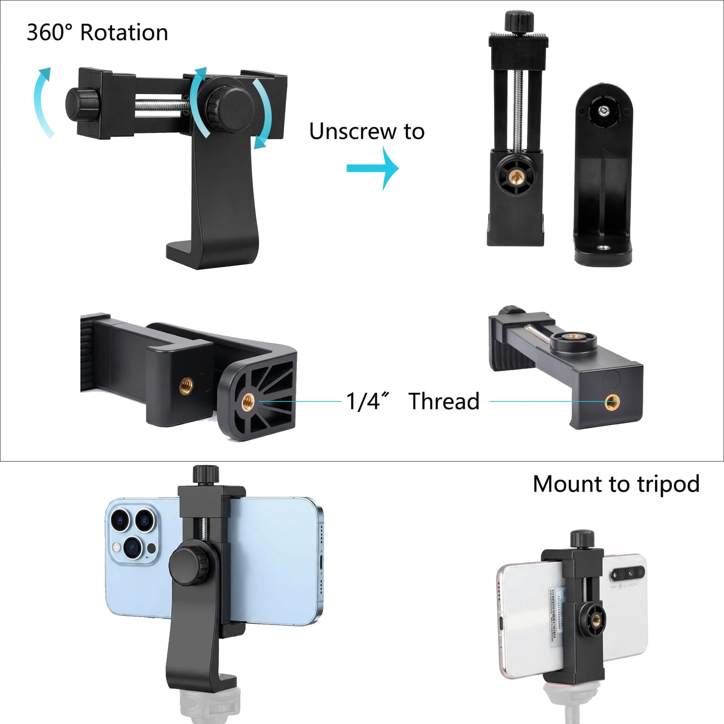 Ruittos Phone Tripod Mount Adapter with Camera Remote Controller, Cell Phone Holder Clip with Adjustable Clamp Compatible with iPhone, Samsung, HTC
