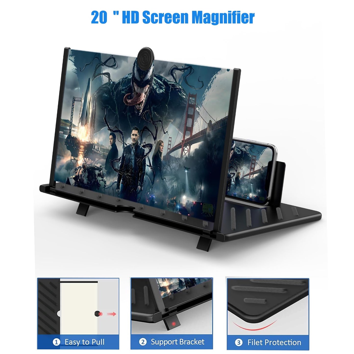 20" Screen Magnifier,3D HD Mobile Phone Magnifier Projector Screen for Movies, Videos, and Gaming,Foldable Phone Stand with Screen Amplifier,Supports