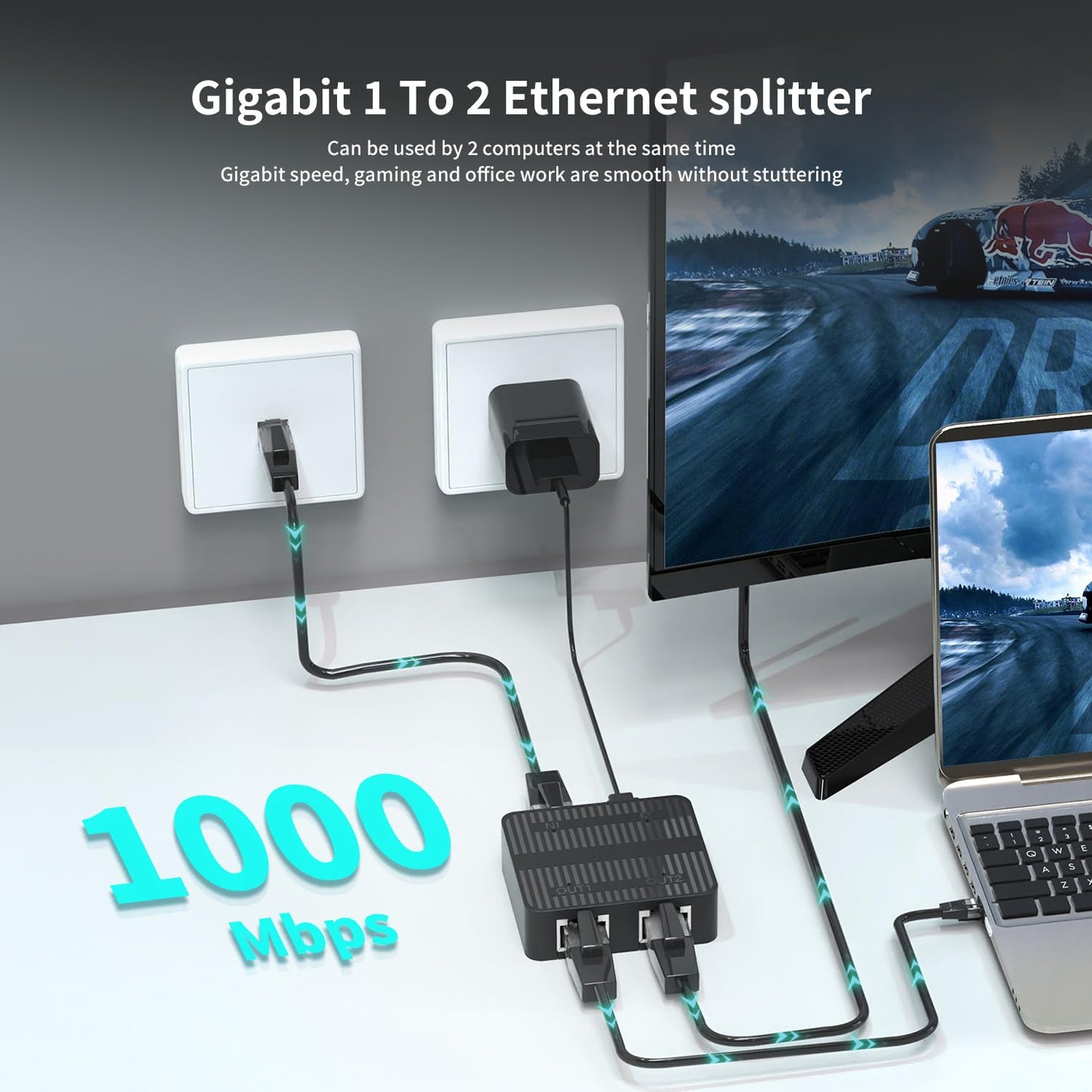 Gigabit Ethernet Splitter 1 to 2 Devices Simultaneously Networking, 1000Mbps High Speed LAN Splitter with USB-C Power Cable, Network Switch Hub