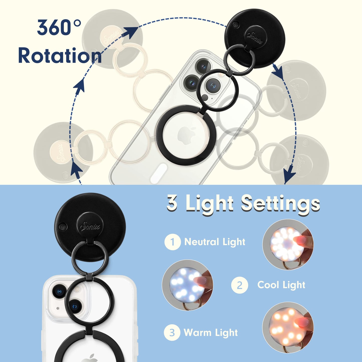 Sonix MagLink Selfie Light and Phone Ring Grip for MagSafe iPhone 17, 16, 15, 14, 13, 12 Series, Magnetic Fully Adjustable Round Ring Light