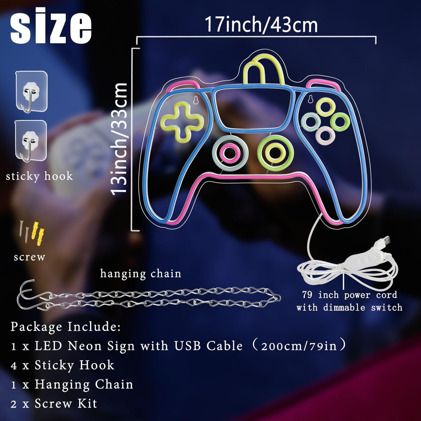 Gamer Neon Sign 17'' x 13'' Big Colorful Gaming Controller Neon Light Dimmable USB Powered Gamepad Shaped Gaming Led Light Up Sign for Teens Boys