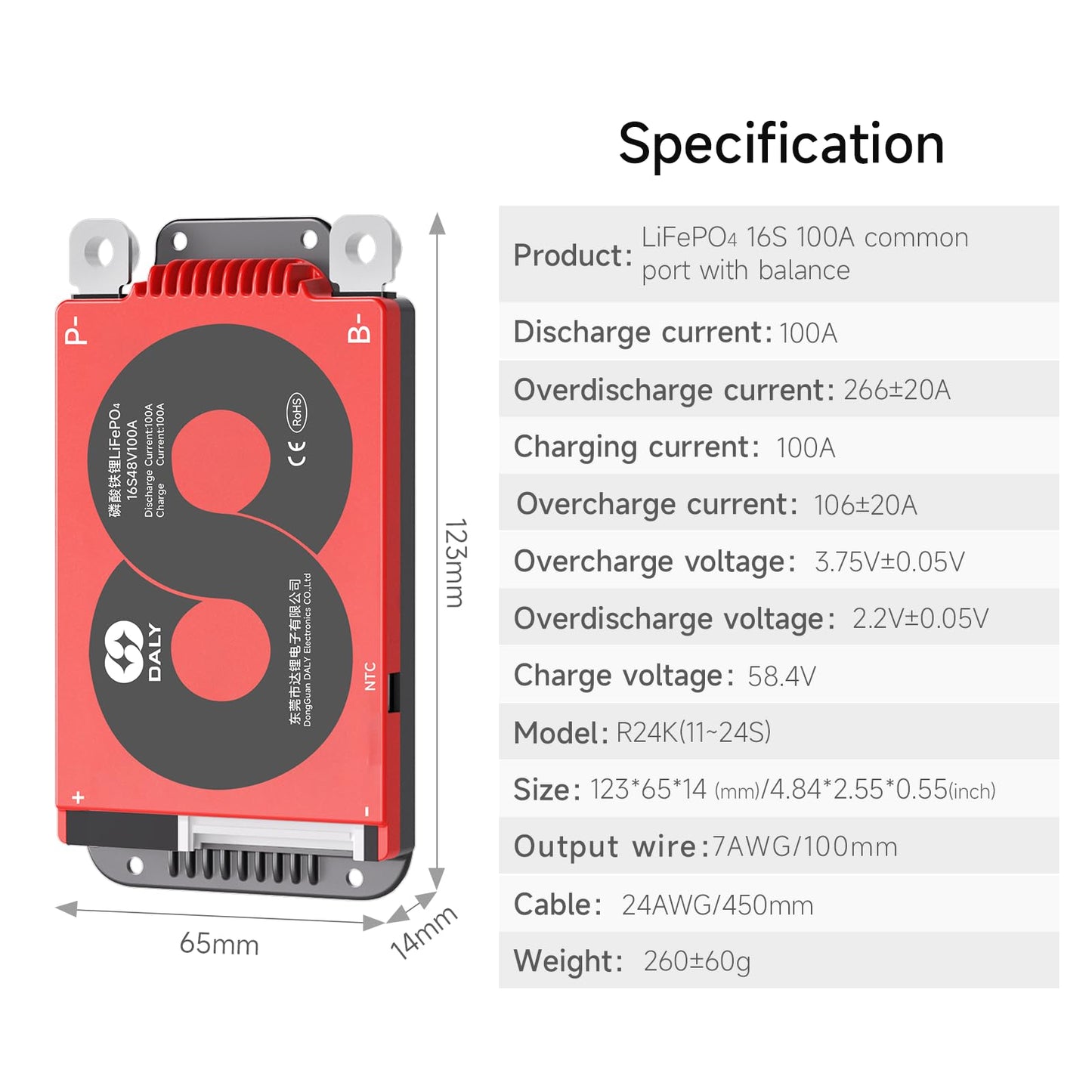 DALY BMS 16S 48V 100A LifePO4 PCB Protection Board with Balance Wire and Temperature Sensor for LiFePO4 16 Cells 48V Lithium Battery Pack(Standard…