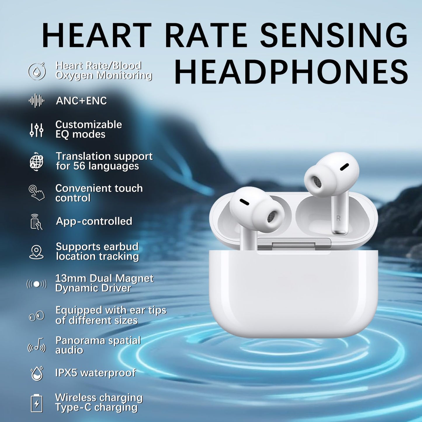 Ausbilew Wireless Earbuds,Pro 3 Heart Rate Headphones, ANC,Bluetooth 5.4 in-Ear Ear Buds,ENC,Real-Time Translation, Surround Bass, USB-C and Wireless