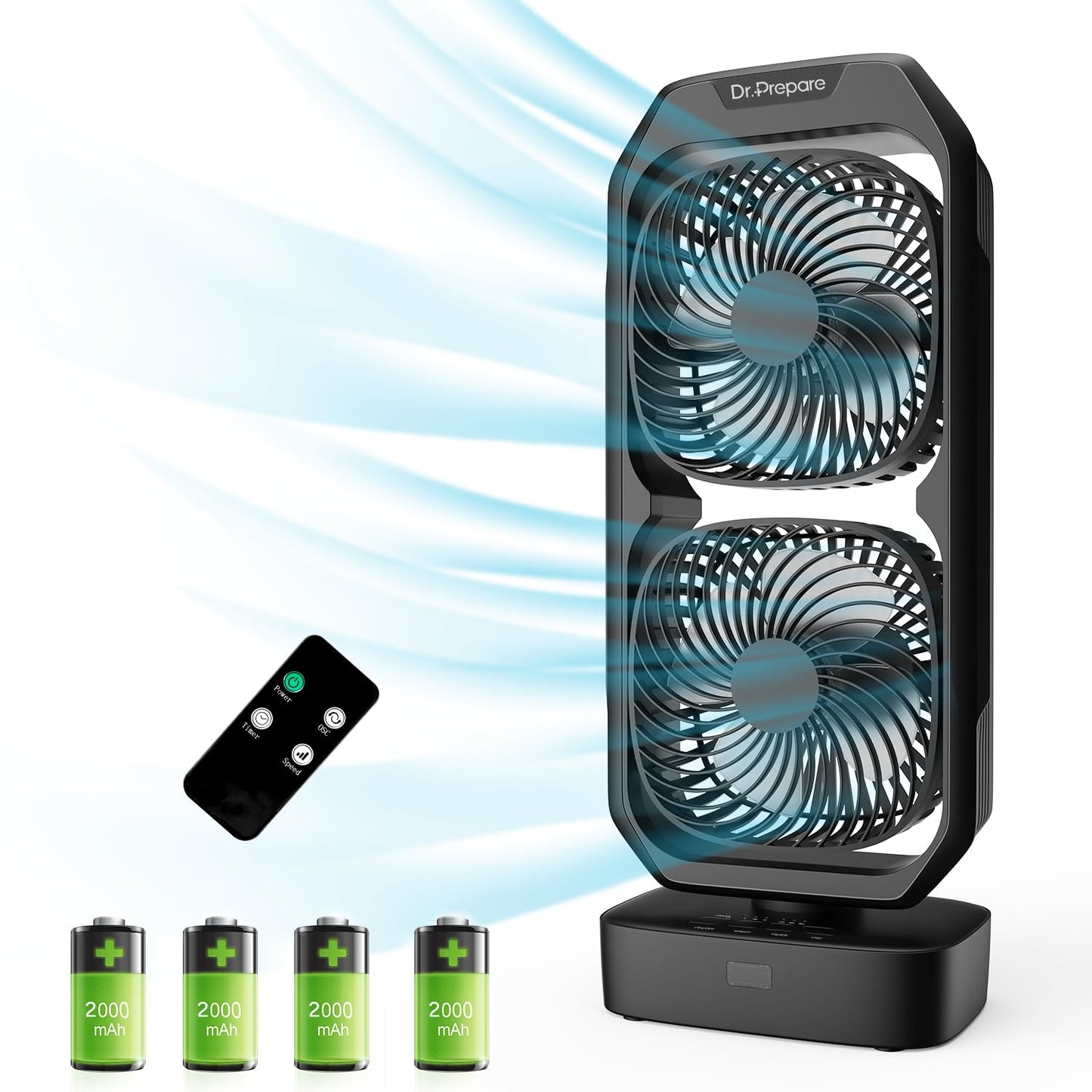 DR.PREPARE Small Oscillating Tower Fan with Remote, Rechargeable Battery Powered Desk Fan for Bedroom, 250° Tilt, 8H Timer, 3 Speeds, Portable Table
